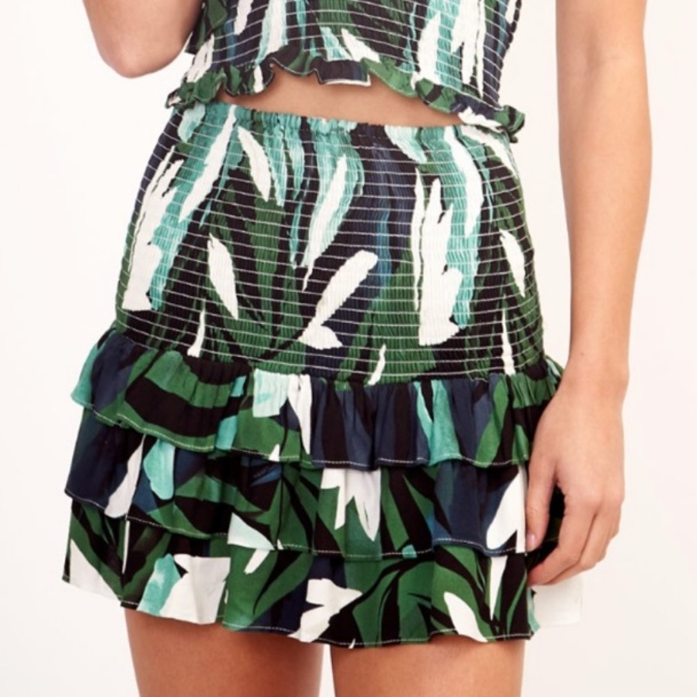 Olivaceous Green Smocked Palm Print Skirt